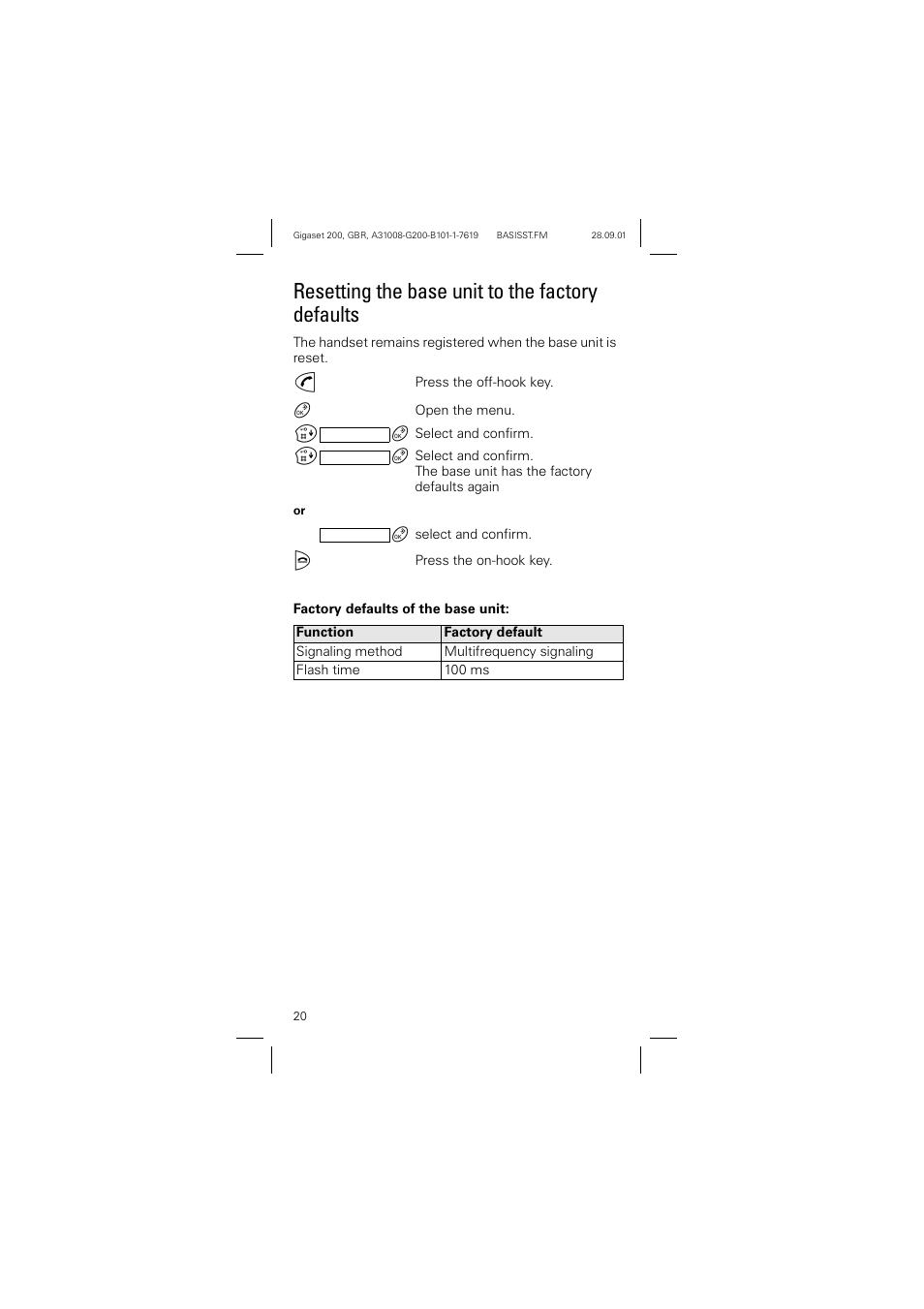 Resetting the base unit to the factory defaults | Siemens optipoint 200 User Manual | Page 20 / 27