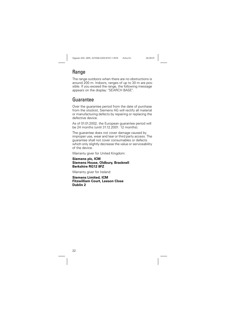 Range, Guarantee, Range guarantee | Siemens optipoint 200 User Manual | Page 22 / 27