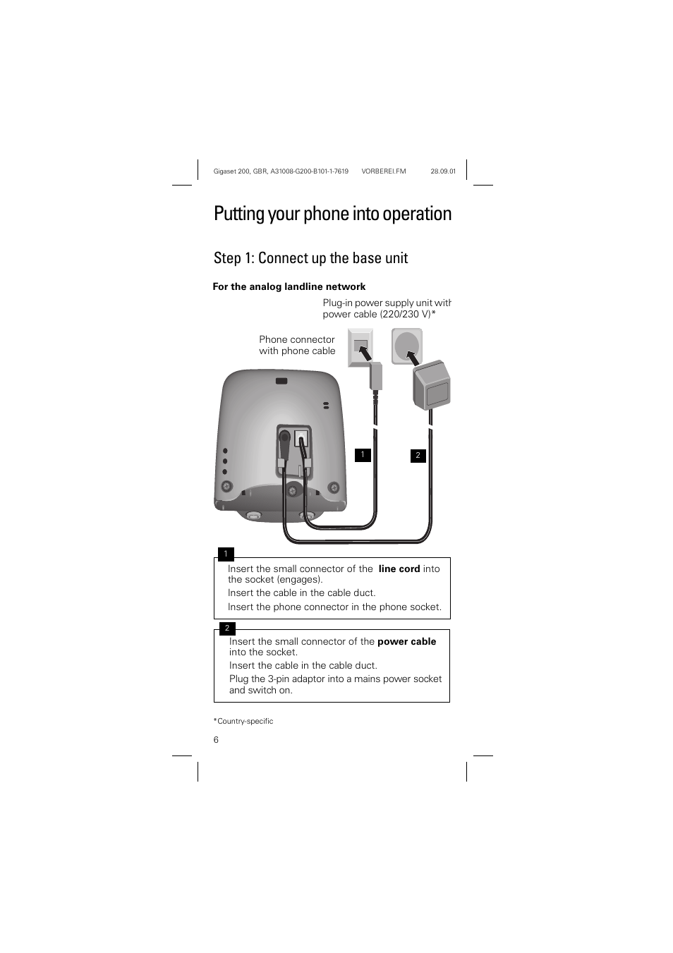 Putting your phone into operation, Putting your phone into operation, Step 1: connect up the base unit | Siemens optipoint 200 User Manual | Page 6 / 27