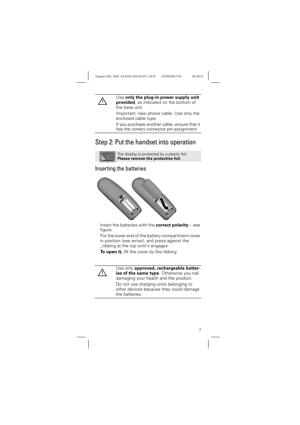 Inserting the batteries, Step 2: put the handset into operation | Siemens optipoint 200 User Manual | Page 7 / 27