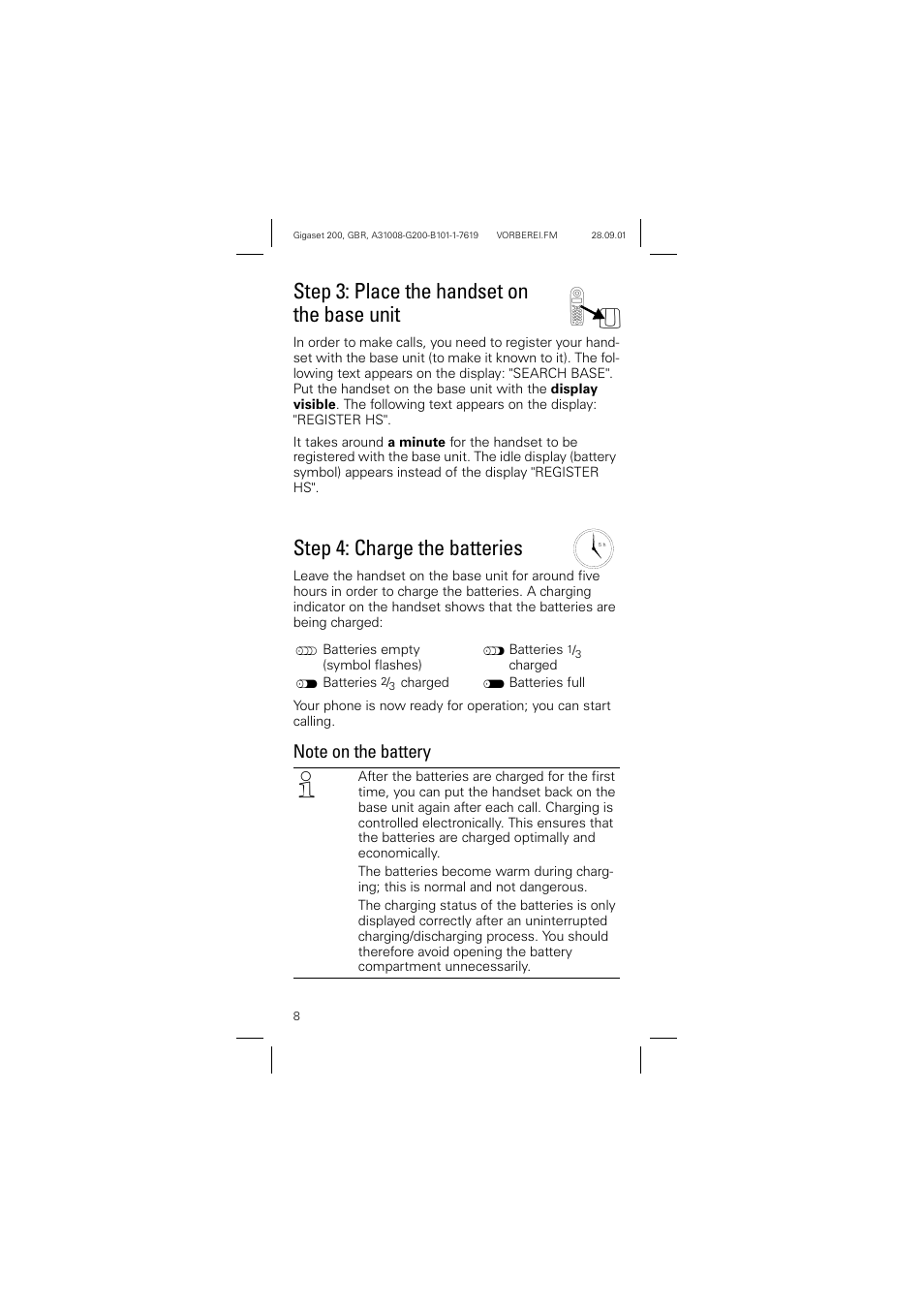 Note on the battery, Step 3: place the handset on the base unit, Step 4: charge the batteries | Siemens optipoint 200 User Manual | Page 8 / 27