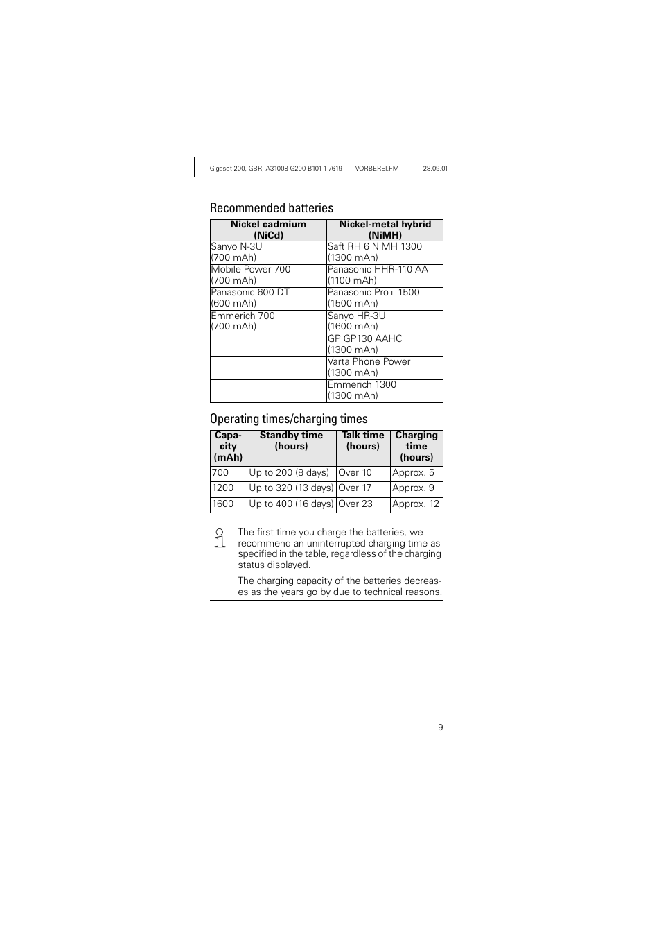 Recommended batteries, Operating times/charging times | Siemens optipoint 200 User Manual | Page 9 / 27
