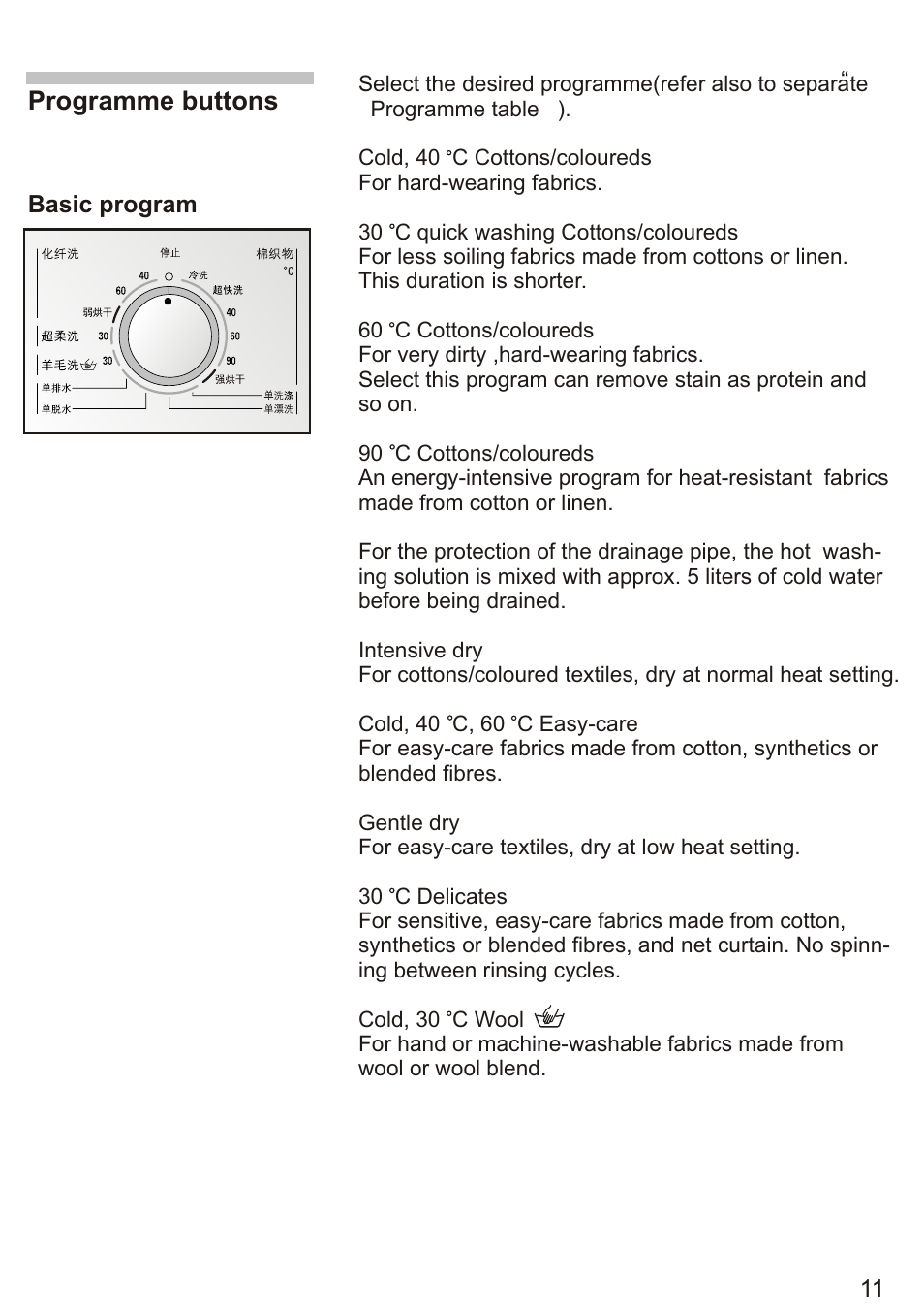 Programme buttons | Siemens WD7005 User Manual | Page 13 / 54