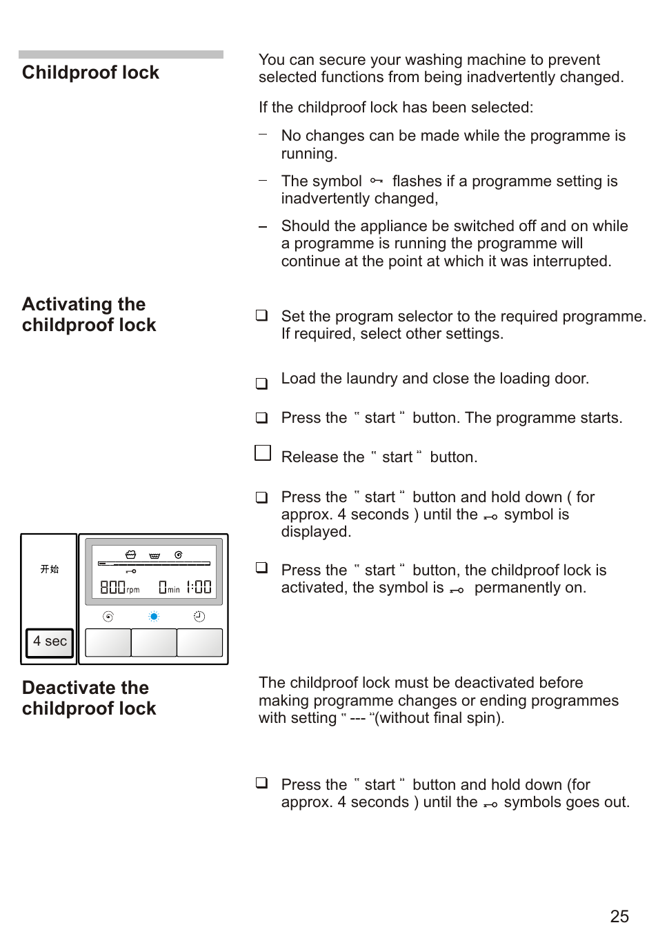 Т³ 27, Childproof lock, Activating the childproof lock | Deactivate the childproof lock | Siemens WD7005 User Manual | Page 27 / 54