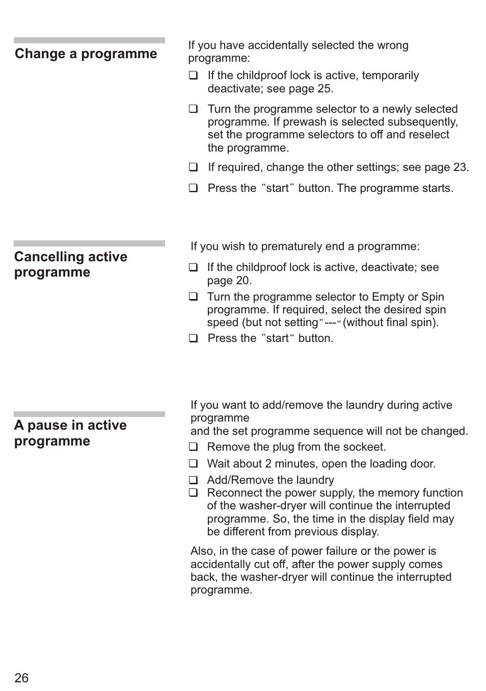 Change a programme, Cancelling active programme, A pause in active programme | Siemens WD7005 User Manual | Page 28 / 54