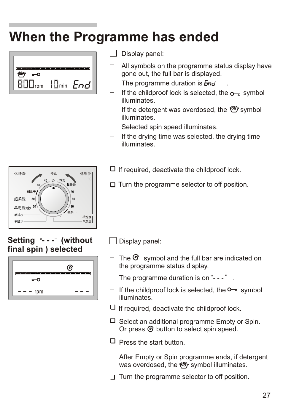 Т³ 29, When the programme has ended, Setting - - - (without final spin ) selected | Siemens WD7005 User Manual | Page 29 / 54