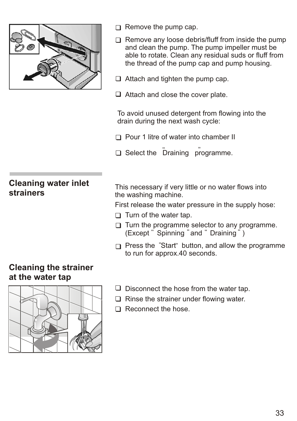 Т³ 35, Cleaning water inlet strainers, Cleaning the strainer at the water tap | Siemens WD7005 User Manual | Page 35 / 54