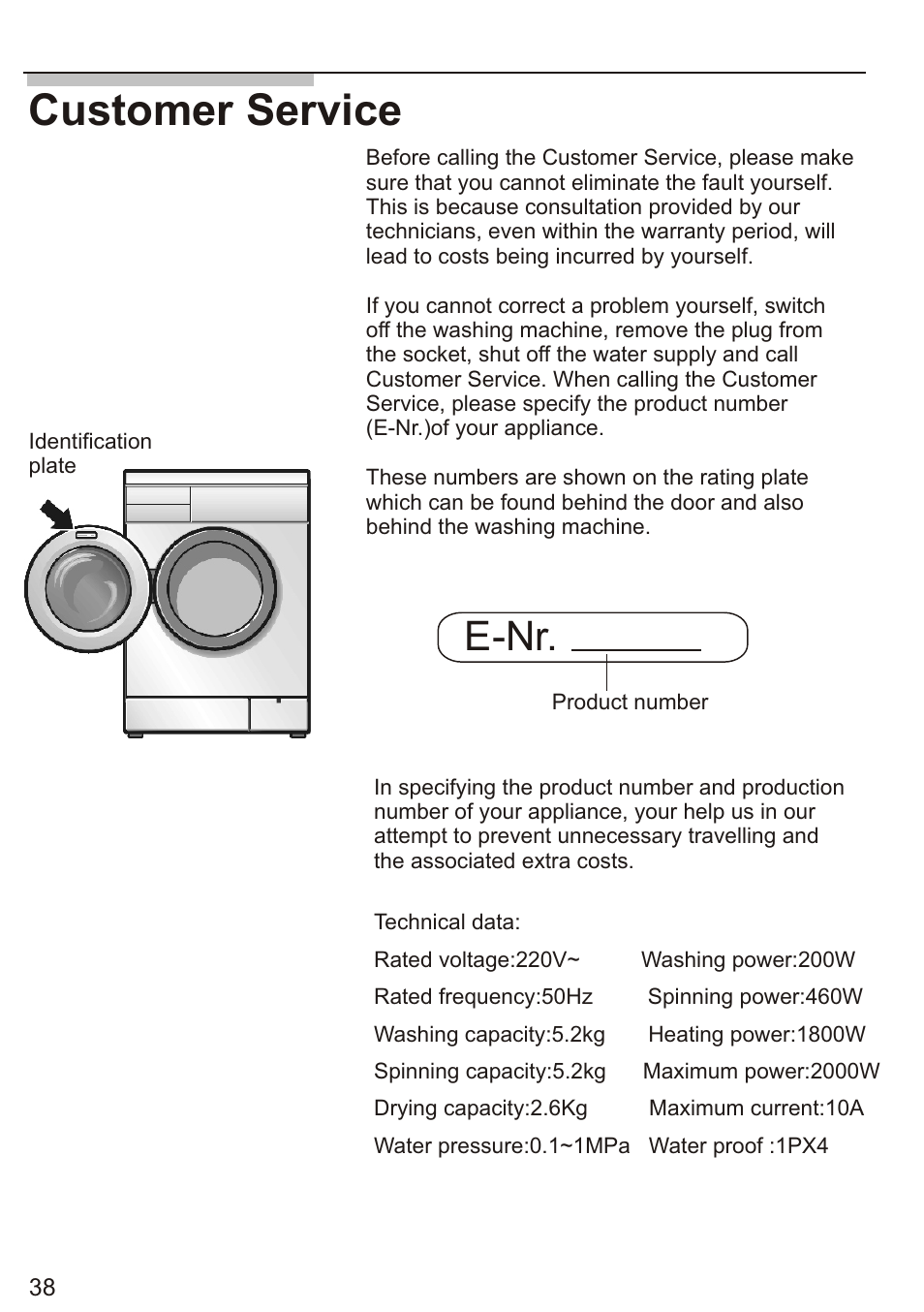 Ò³ 40, Customer service, E-nr | Siemens WD7005 User Manual | Page 40 / 54