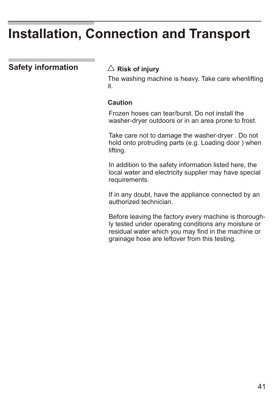 Т³ 43, Installation, connection and transport | Siemens WD7005 User Manual | Page 43 / 54