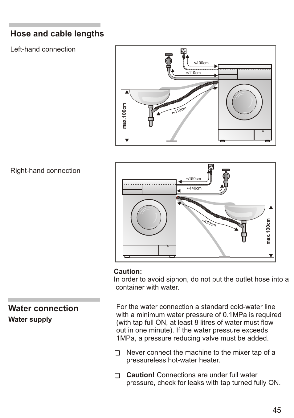 Т³ 47, Hose and cable lengths, Water connection | Siemens WD7005 User Manual | Page 47 / 54