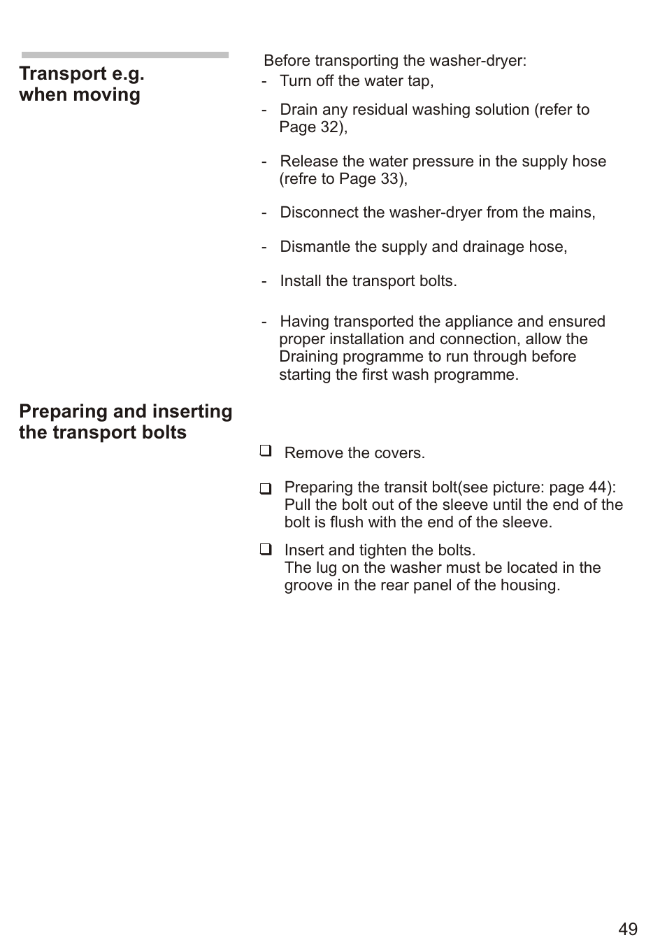 Т³ 51, Transport e.g. when moving, Preparing and inserting the transport bolts | Siemens WD7005 User Manual | Page 51 / 54