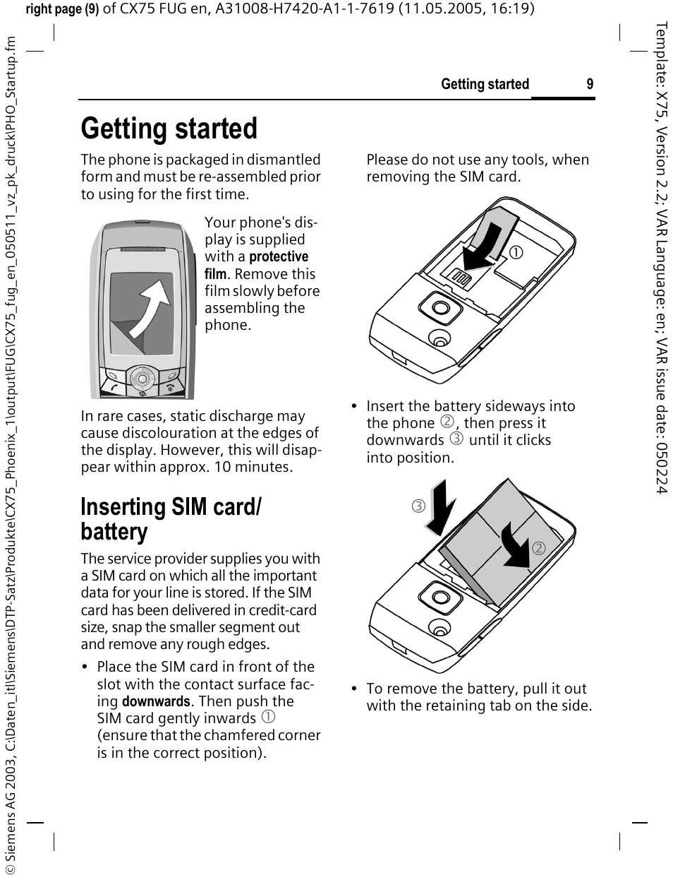 Getting started, Inserting sim card/ battery, Inserting sim card | Battery | Siemens CX75 User Manual | Page 10 / 152