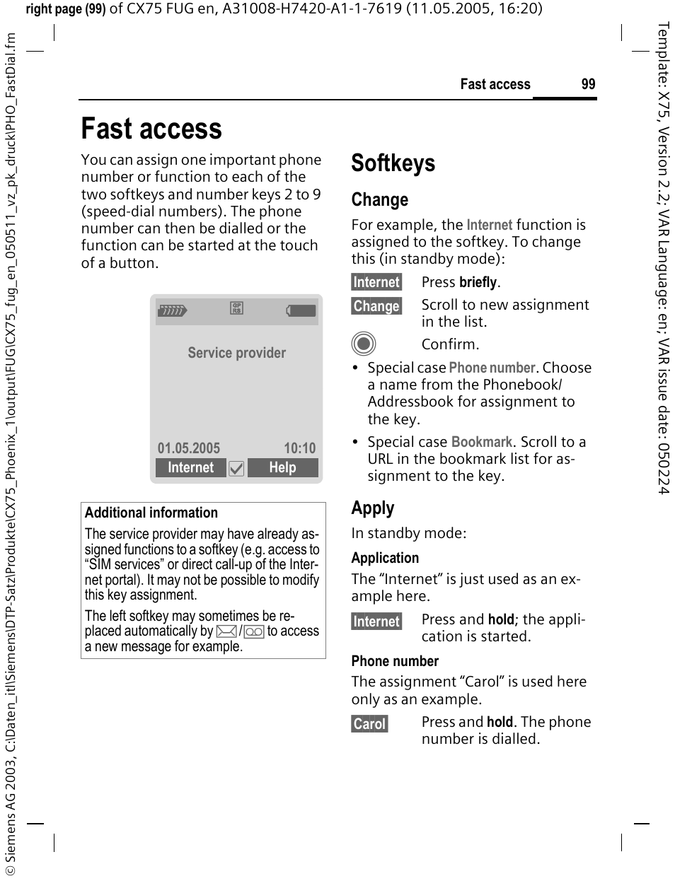 Fast access, Softkeys, Change | Apply | Siemens CX75 User Manual | Page 100 / 152