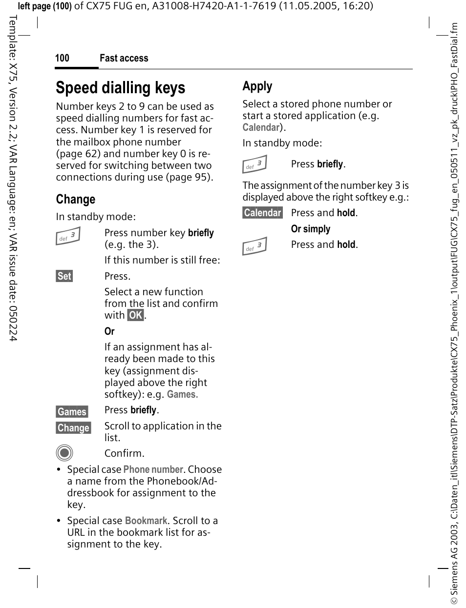 Speed dialling keys, Change, Apply | Siemens CX75 User Manual | Page 101 / 152