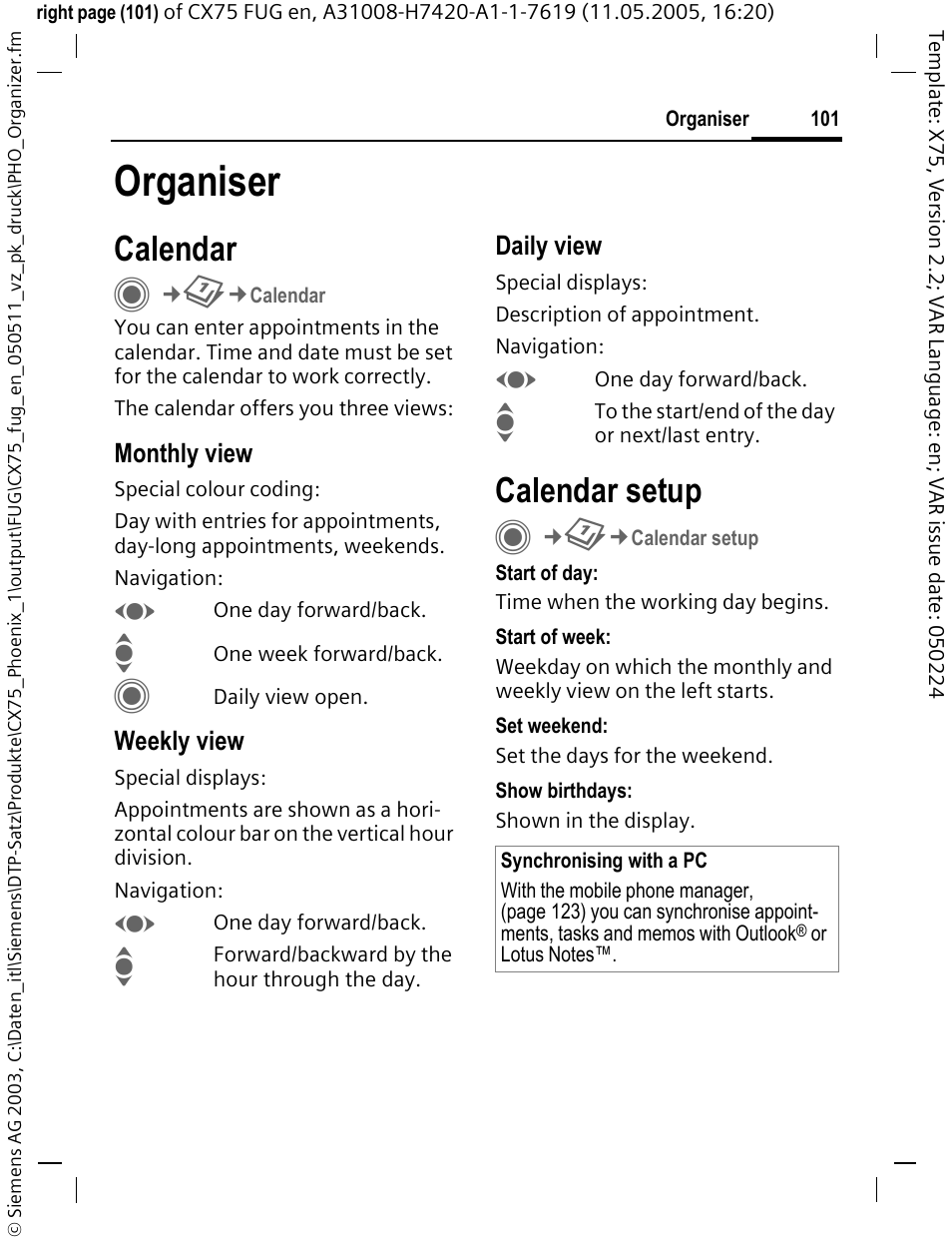 Organiser, Calendar, Calendar setup | Siemens CX75 User Manual | Page 102 / 152