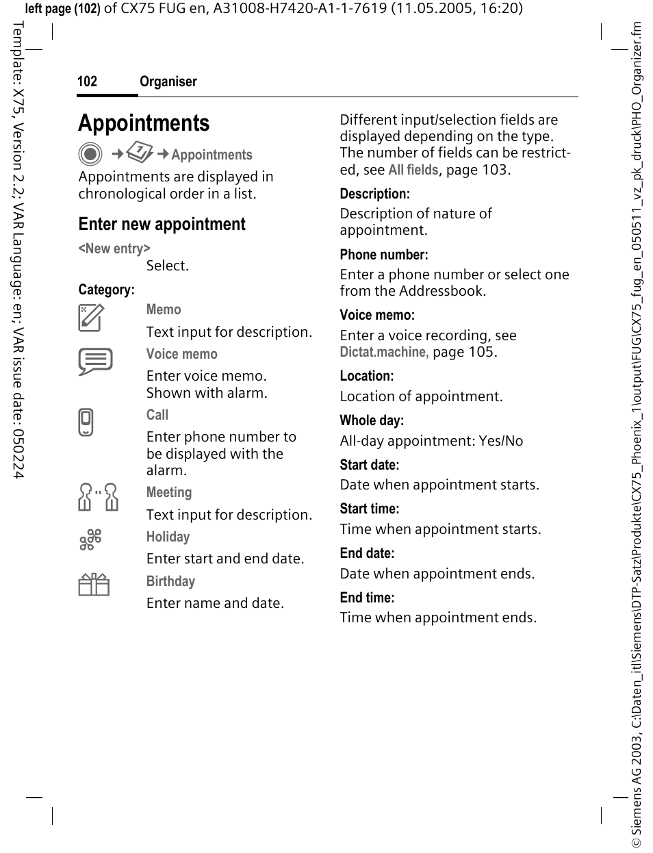 Appointments, Enter new appointment | Siemens CX75 User Manual | Page 103 / 152