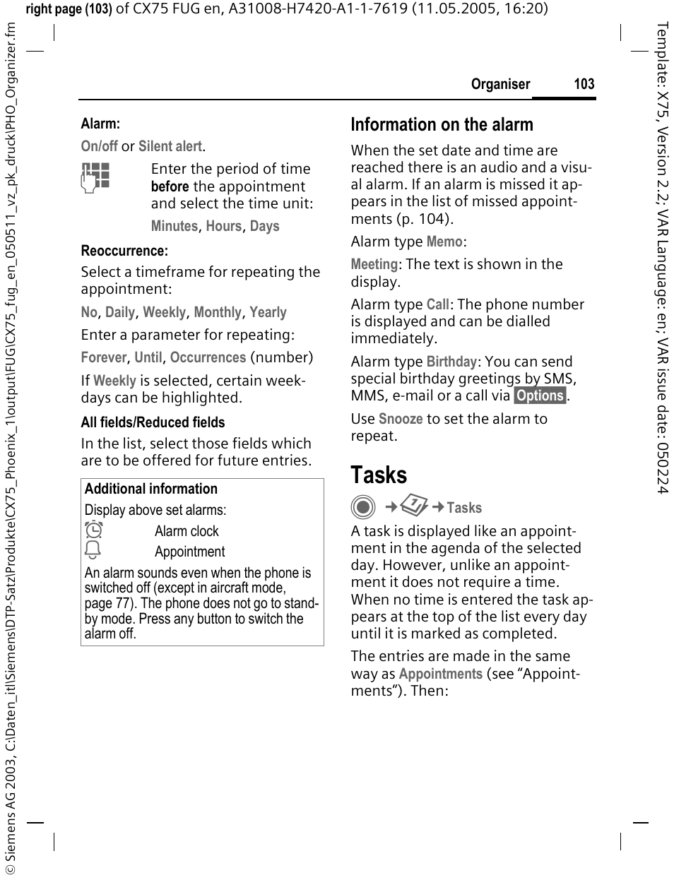 Tasks, Information on the alarm | Siemens CX75 User Manual | Page 104 / 152