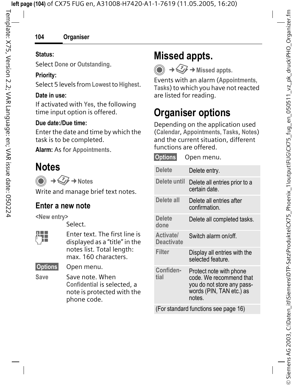 Notes, Missed appts, Organiser options | Siemens CX75 User Manual | Page 105 / 152