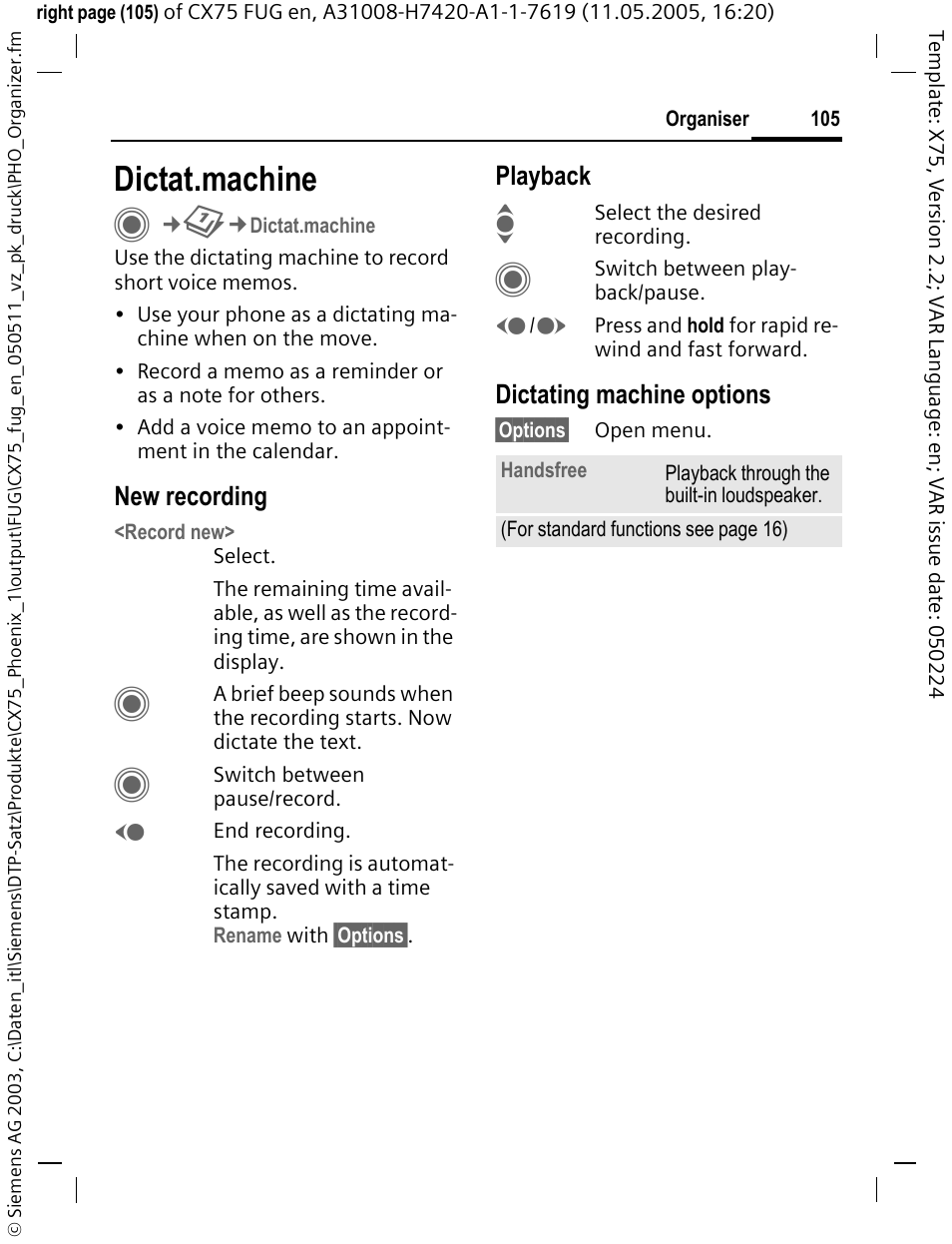 Dictat.machine | Siemens CX75 User Manual | Page 106 / 152