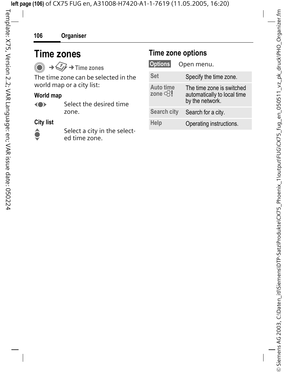 Time zones, Time zone options | Siemens CX75 User Manual | Page 107 / 152