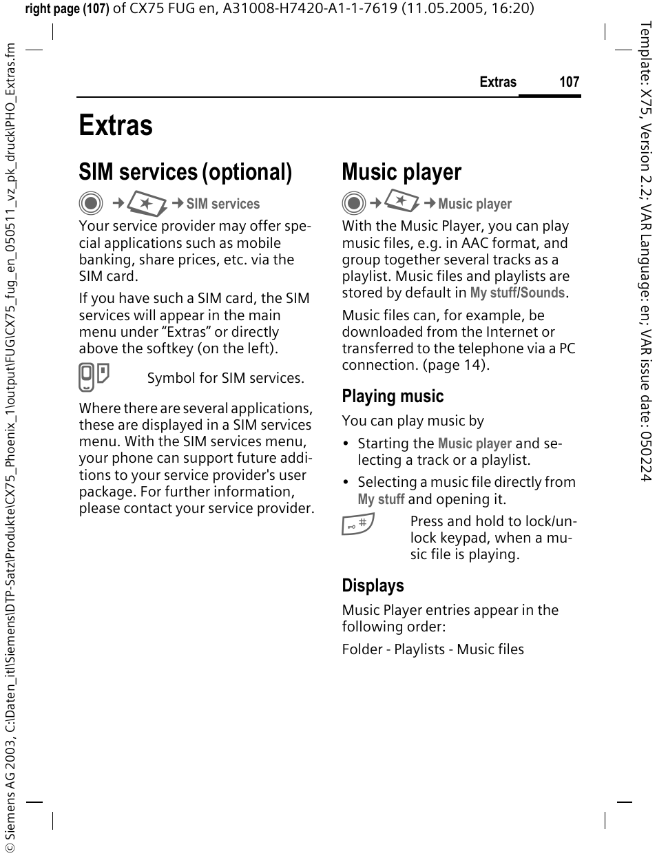 Extras, Sim services (optional), Music player | Sim services (option, Sim services, Optional), Playing music, Displays | Siemens CX75 User Manual | Page 108 / 152