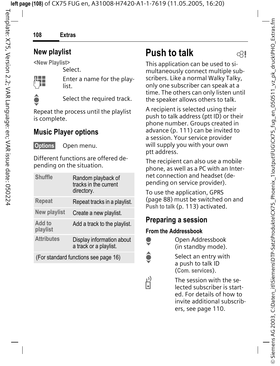 Push to talk b, Push to talk, New playlist | Music player options, Preparing a session | Siemens CX75 User Manual | Page 109 / 152