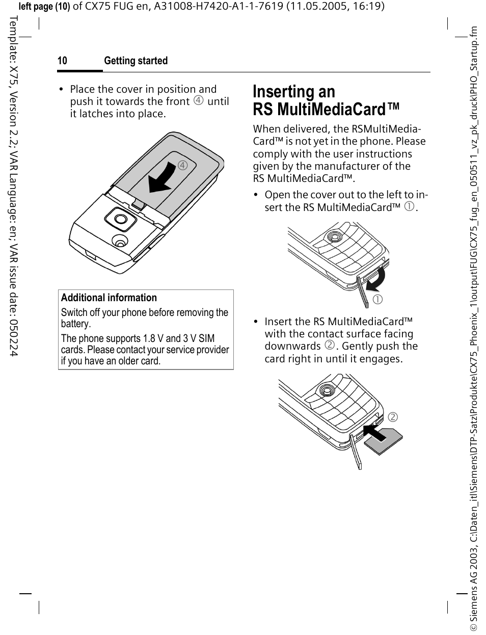 Inserting an rs multimediacard, Inserting an, Rs multimediacard | Siemens CX75 User Manual | Page 11 / 152