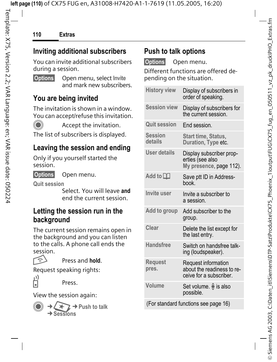 Inviting additional subscribers, You are being invited, Leaving the session and ending | Letting the session run in the background, Push to talk options | Siemens CX75 User Manual | Page 111 / 152