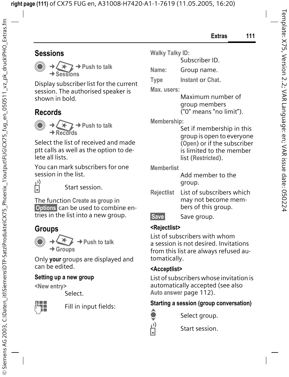 Advance (p. 111) can be invit, Sessions, Records | Groups | Siemens CX75 User Manual | Page 112 / 152