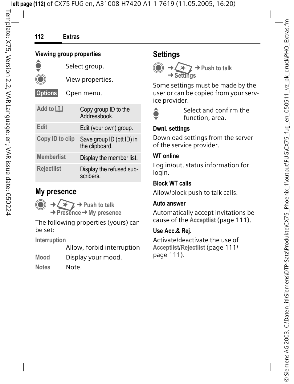 My presence, Settings | Siemens CX75 User Manual | Page 113 / 152