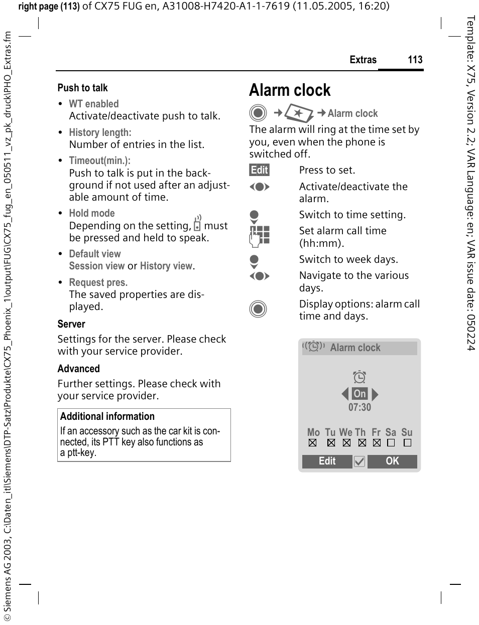 Alarm clock, P. 113) act | Siemens CX75 User Manual | Page 114 / 152