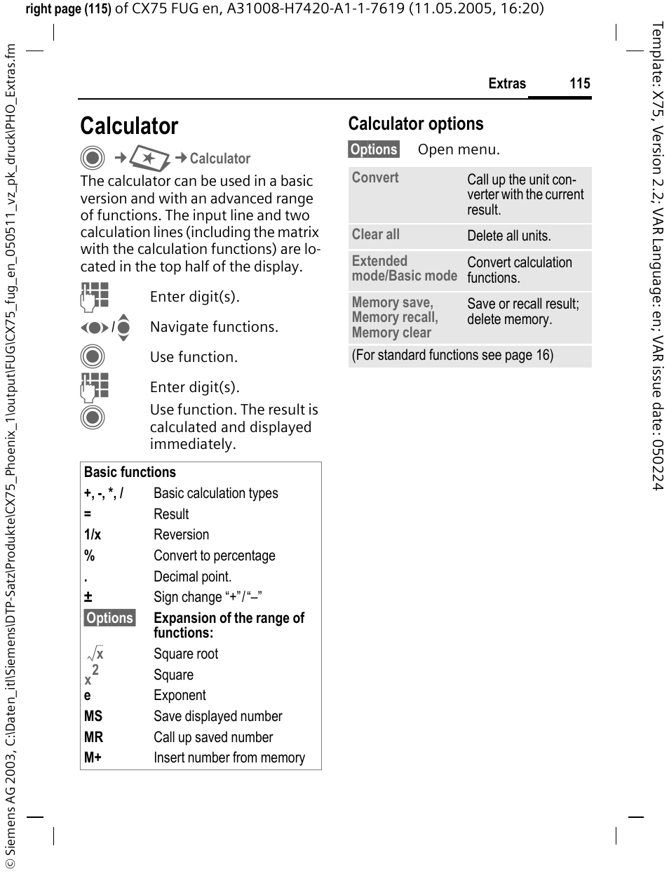 Calculator, Calculator options | Siemens CX75 User Manual | Page 116 / 152