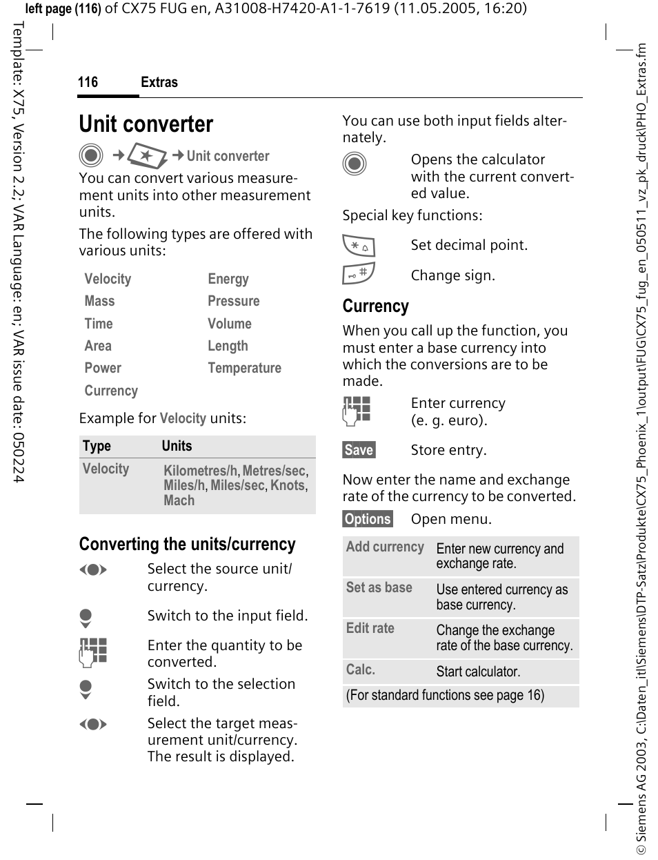 Unit converter, Converting the units/currency, Currency | Siemens CX75 User Manual | Page 117 / 152