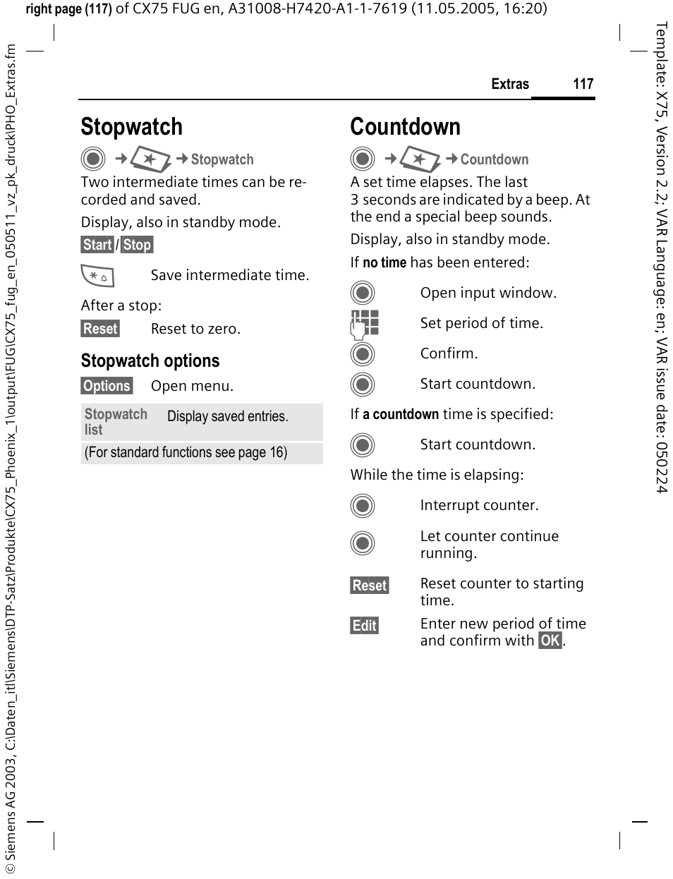 Stopwatch, Countdown | Siemens CX75 User Manual | Page 118 / 152