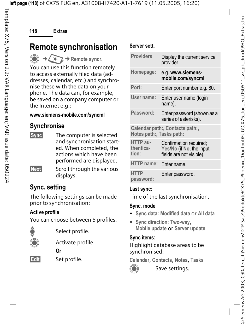 Remote synchronisation, Synchronise, Sync. setting | Siemens CX75 User Manual | Page 119 / 152