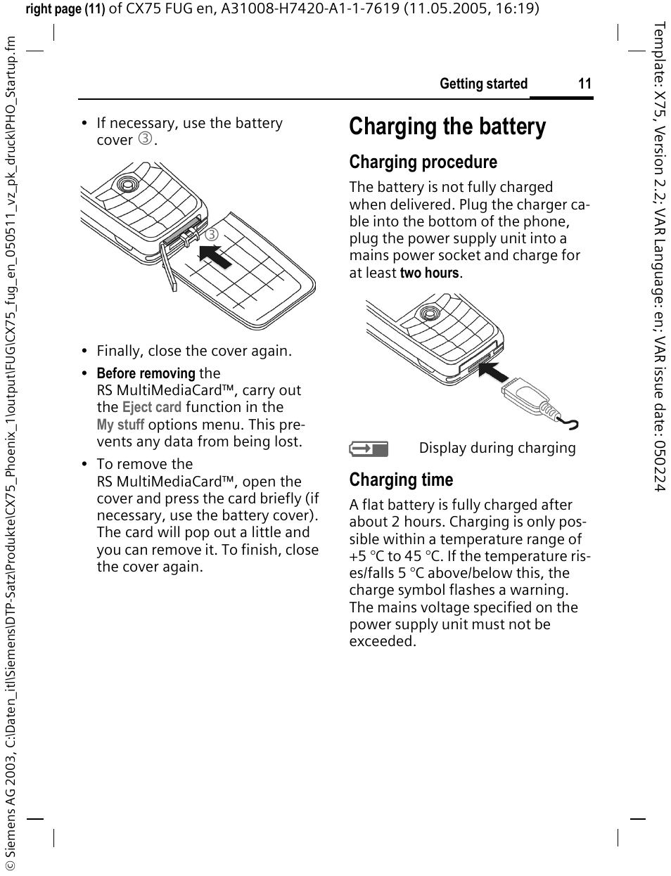 Charging the battery, Charging procedure, Charging time | Siemens CX75 User Manual | Page 12 / 152