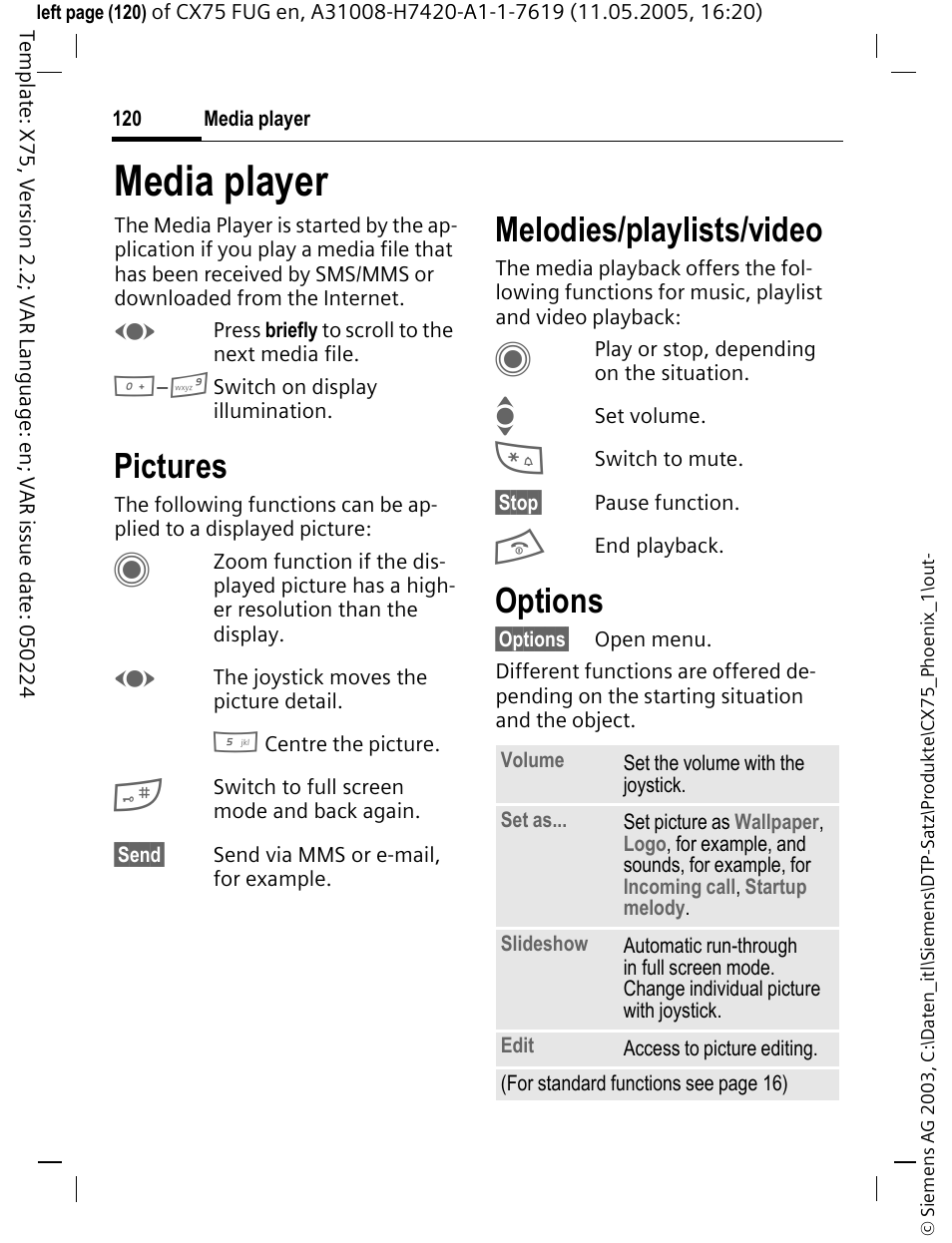 Media player, Pictures, Melodies/playlists/video | Options | Siemens CX75 User Manual | Page 121 / 152