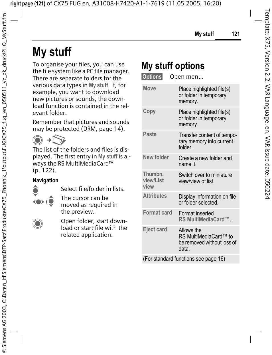 My stuff, My stuff options | Siemens CX75 User Manual | Page 122 / 152