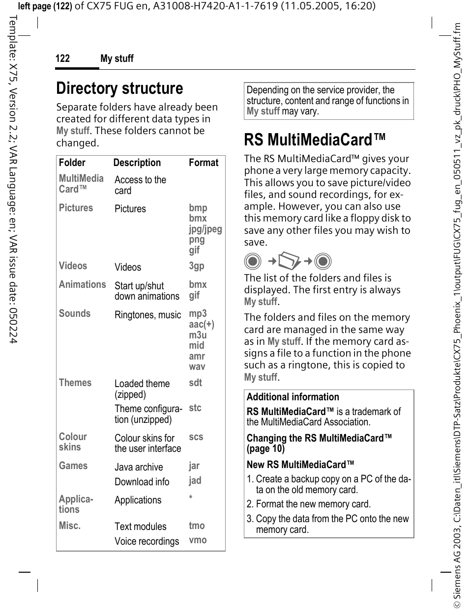 Rs multimediacard, Directory structure | Siemens CX75 User Manual | Page 123 / 152