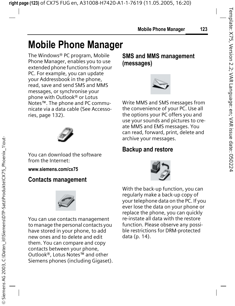 Mobile phone manager, Contacts management, Sms and mms management (messages) | Backup and restore | Siemens CX75 User Manual | Page 124 / 152