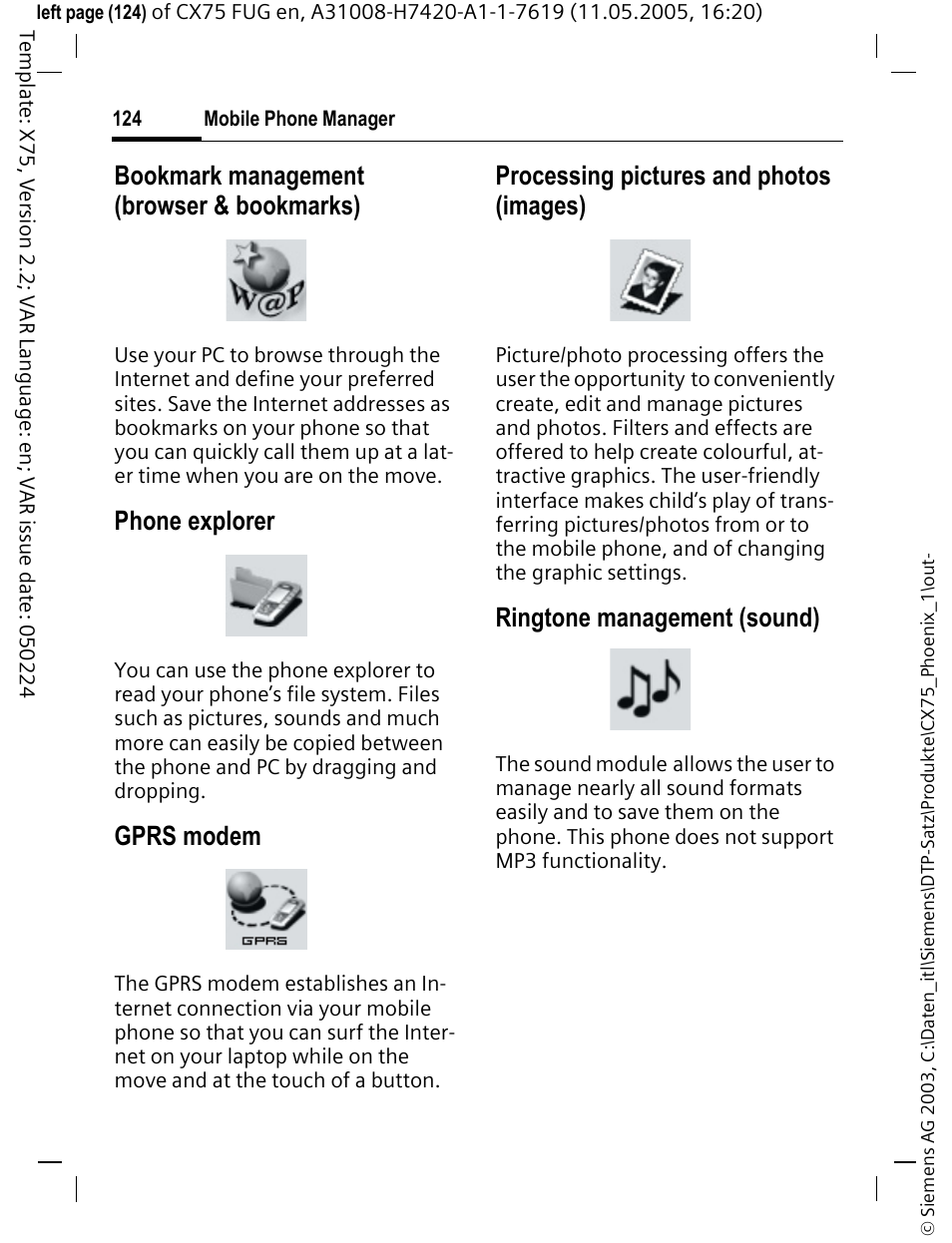 Bookmark management (browser & bookmarks), Phone explorer, Gprs modem | Processing pictures and photos (images), Ringtone management (sound) | Siemens CX75 User Manual | Page 125 / 152