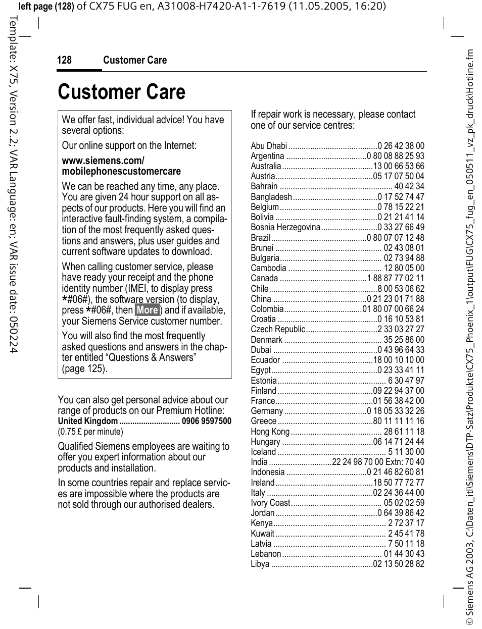 Customer care | Siemens CX75 User Manual | Page 129 / 152