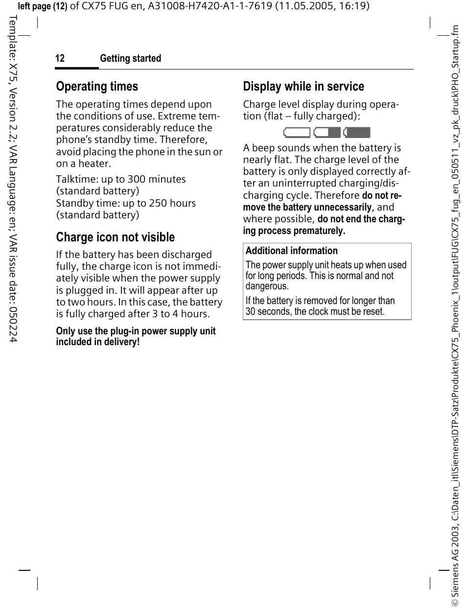 Operating times, Charge icon not visible, Display while in service | Siemens CX75 User Manual | Page 13 / 152