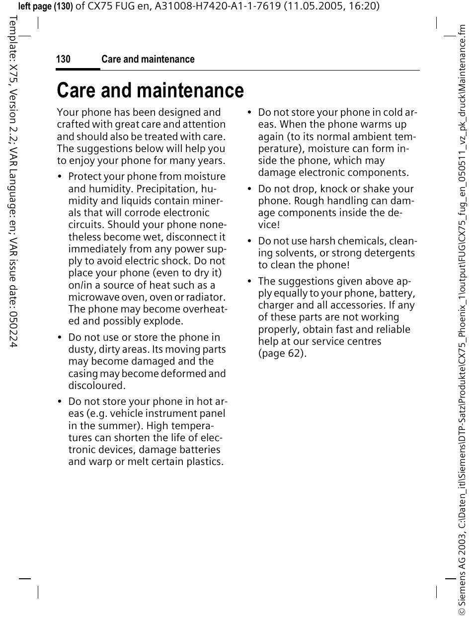 Care and maintenance | Siemens CX75 User Manual | Page 131 / 152