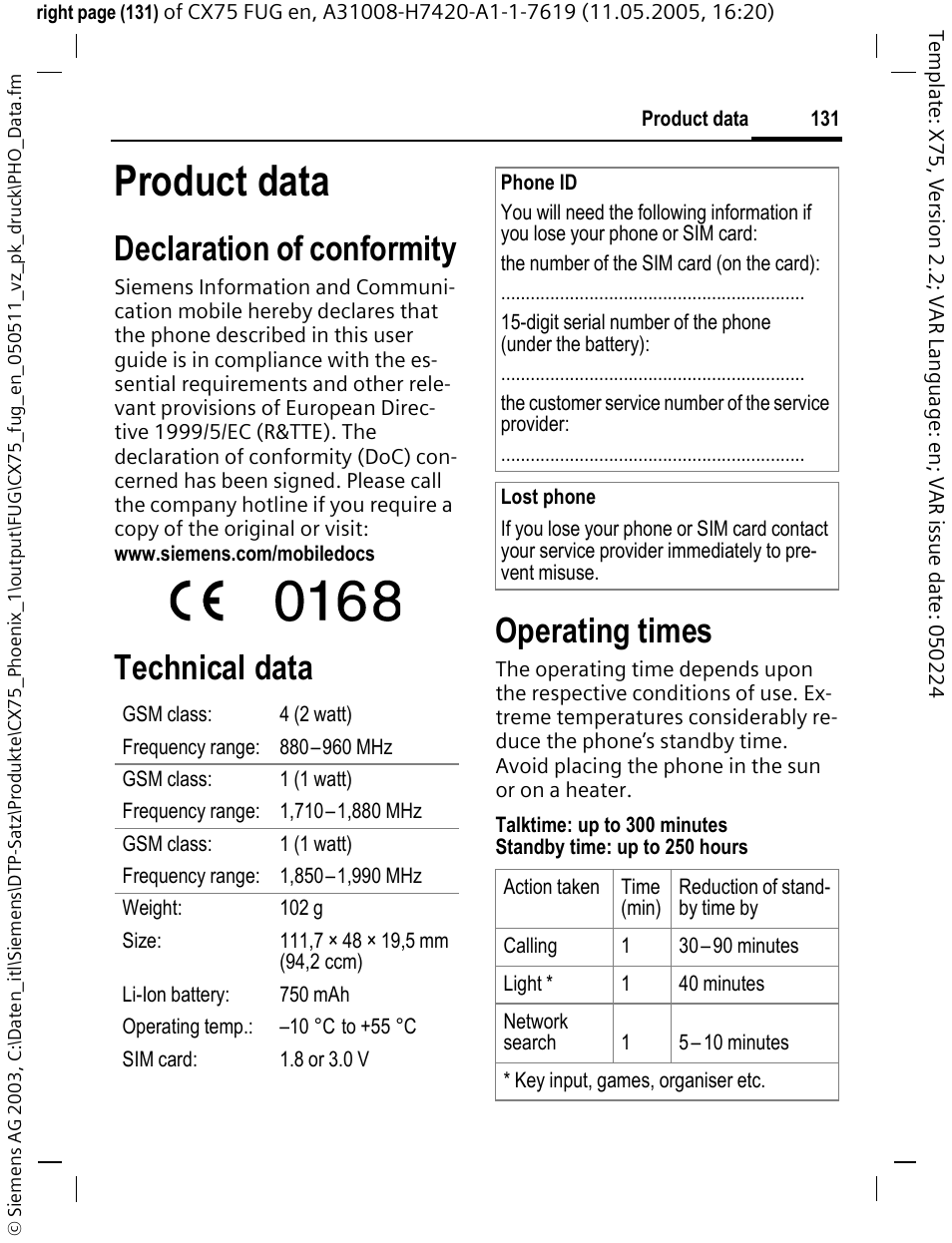 Product data, Declaration of conformity, Technical data operating times | Siemens CX75 User Manual | Page 132 / 152