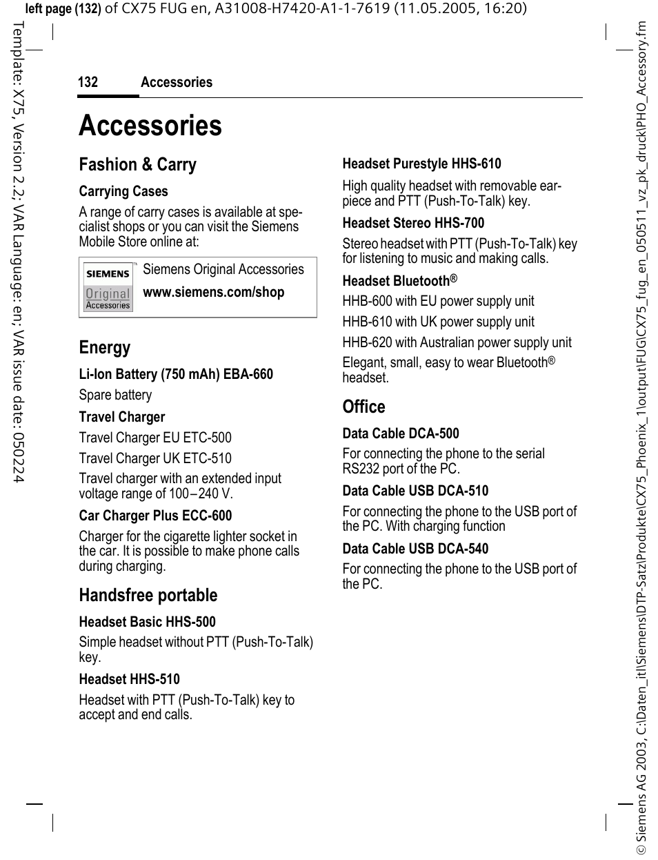 Accessories, Fashion & carry, Energy | Handsfree portable, Office | Siemens CX75 User Manual | Page 133 / 152