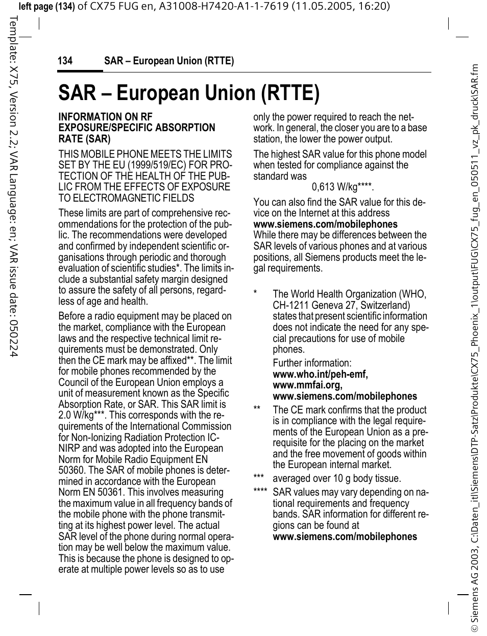 Sar - european union (rtte), Sar – european union (rtte) | Siemens CX75 User Manual | Page 135 / 152