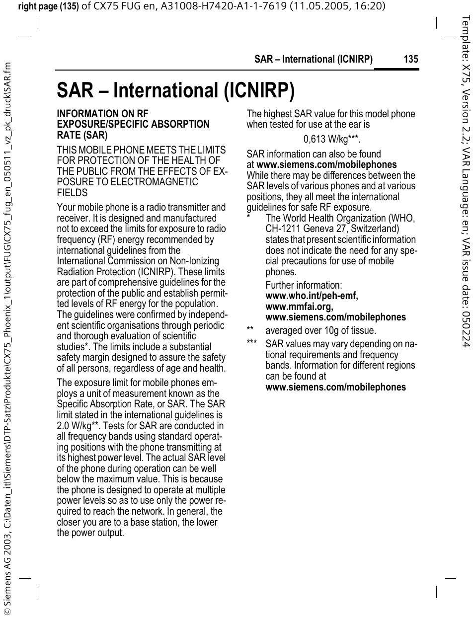 Sar - international (icnirp), Sar – international (icnirp) | Siemens CX75 User Manual | Page 136 / 152