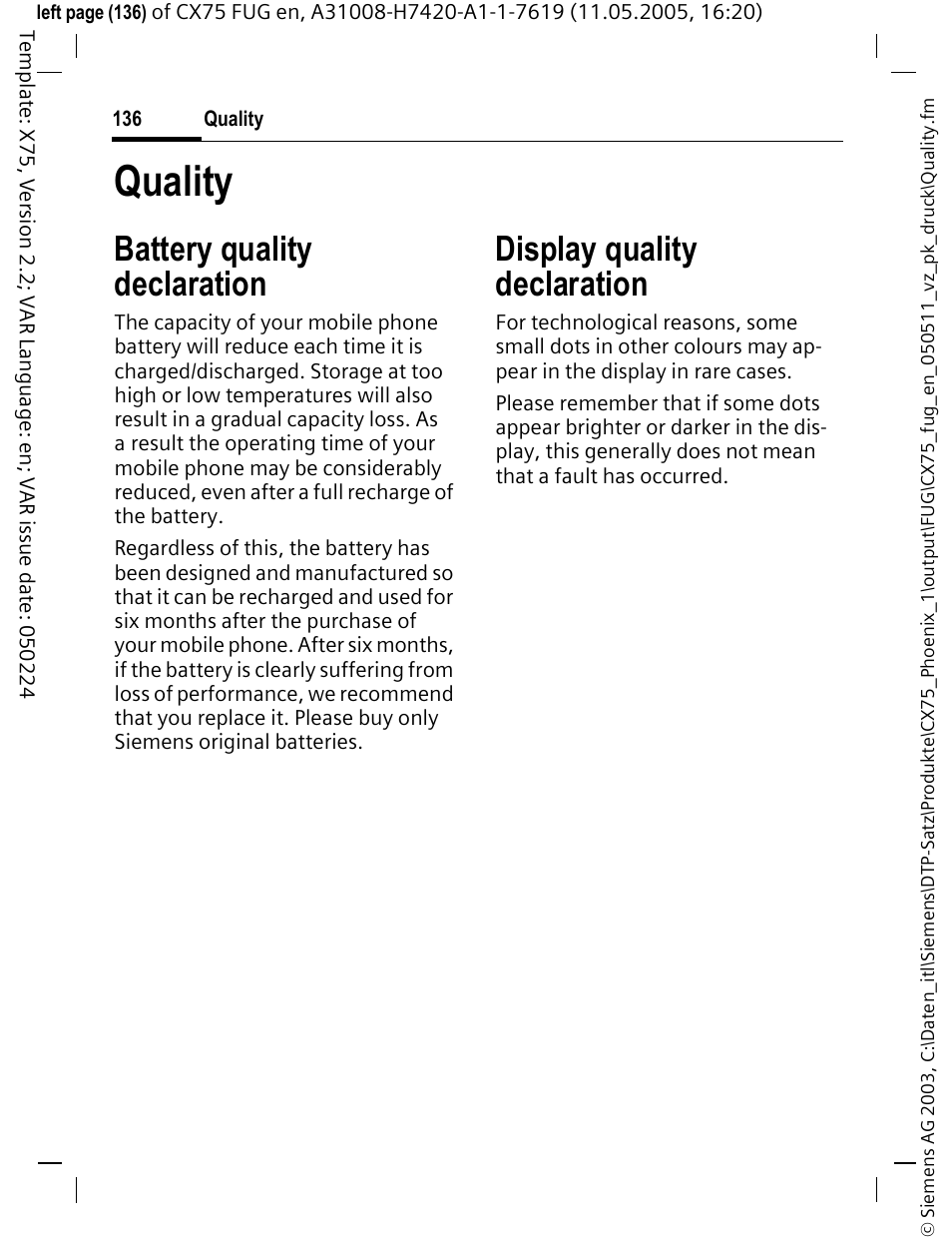 Quality, Battery quality declaration, Display quality declaration | Siemens CX75 User Manual | Page 137 / 152