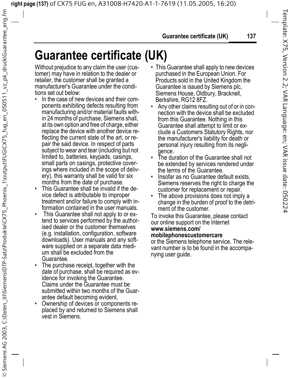 Guarantee certificate (uk) | Siemens CX75 User Manual | Page 138 / 152